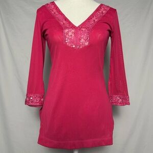 URBAN BEHAVIOR Y2K Pink Mesh Beaded Whismigoth Festival Vneck Long Sleeve Size S
